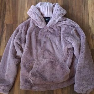 Pink faux fur sweater with hood